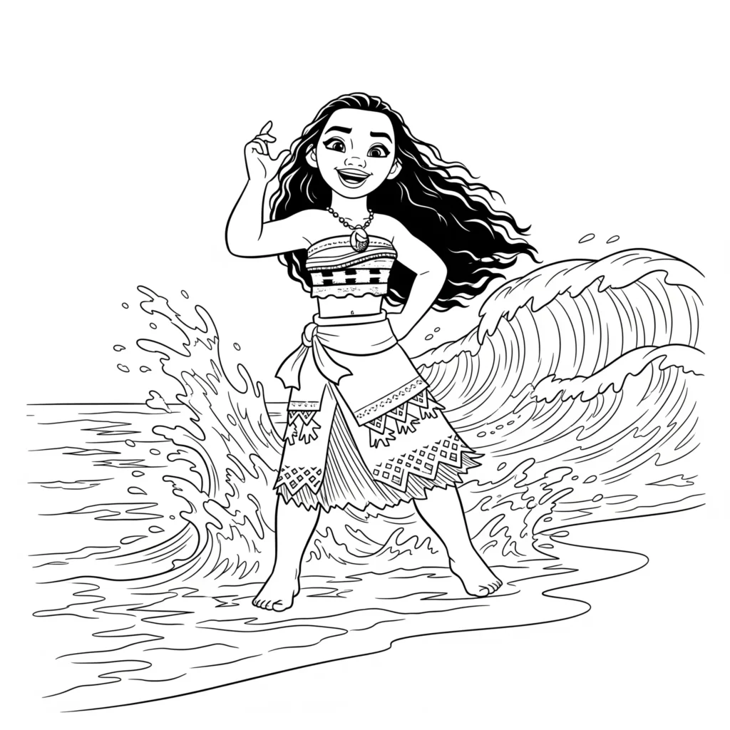 14 Vaiana Ausmalbilder (Disney Prinzessin Malvorlage Drucken) Vaiana tanzt barfuß am Ufer mit ausgebreiteten Armen, während sanfte Wellen an den Strand rollen. Dieses Ausmalbild zeigt ihre Lebensfreude.