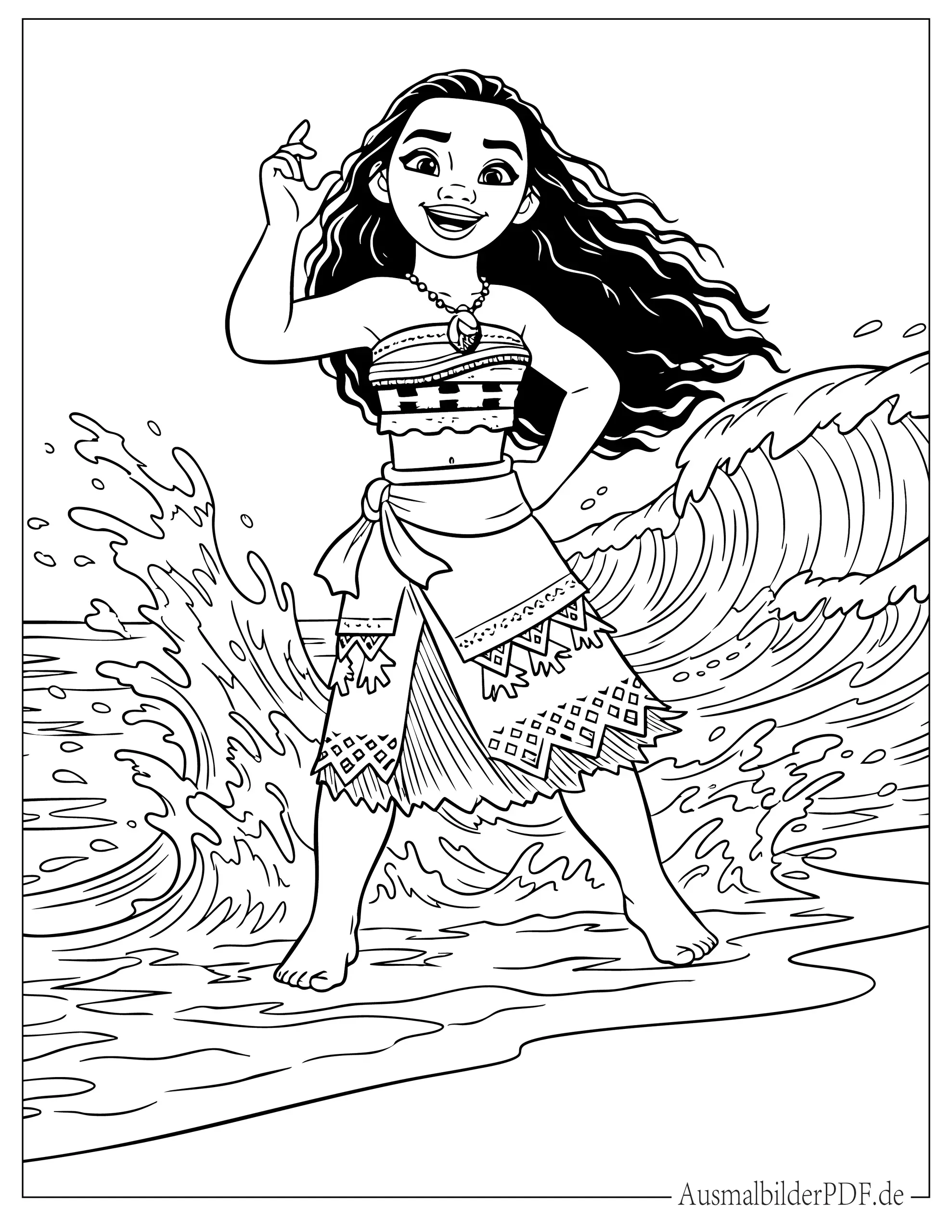 Niedliche Prinzessin Vaiana tanzt am Ufer Ausmalbild