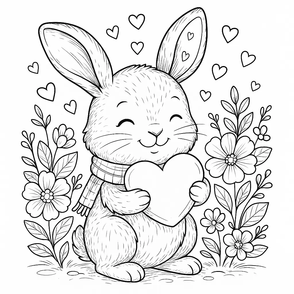 Ausmalbild eines Hasen mit Herz zum Valentinstag