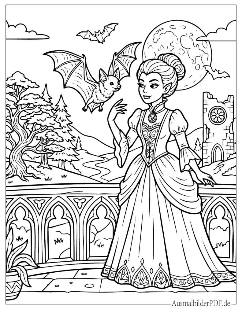 Malvorlage mit Vampir und fliegender Fledermaus für Kinder, Halloween Motiv zum Ausdrucken und kreativen Ausmalen geeignet