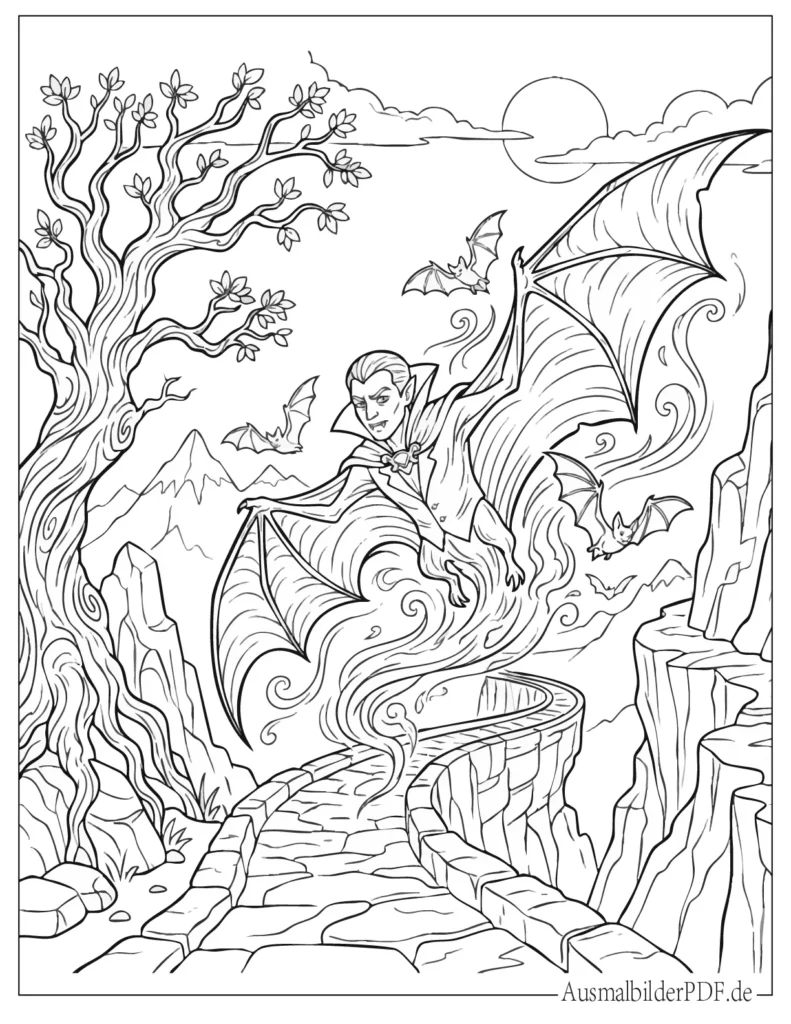 Druckvorlage eines Vampirs, der sich in eine Fledermaus verwandelt, Halloween Motiv für Kinder zum Ausmalen