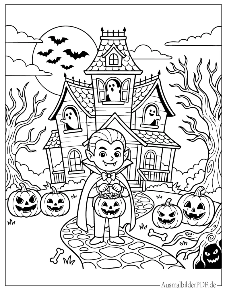 Gruseliges Vampir ausmalbild für Kinder zu Halloween, mit einfachem Design, ideal zum Ausdrucken und kreativen Ausmalen