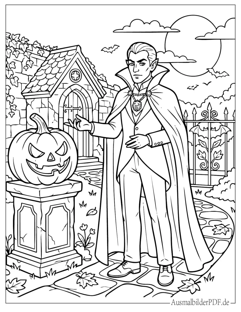 Ausmalbild eines Vampirs neben einem Halloween Kürbis für Kinder, ideal zum Drucken und kreativen Ausmalen