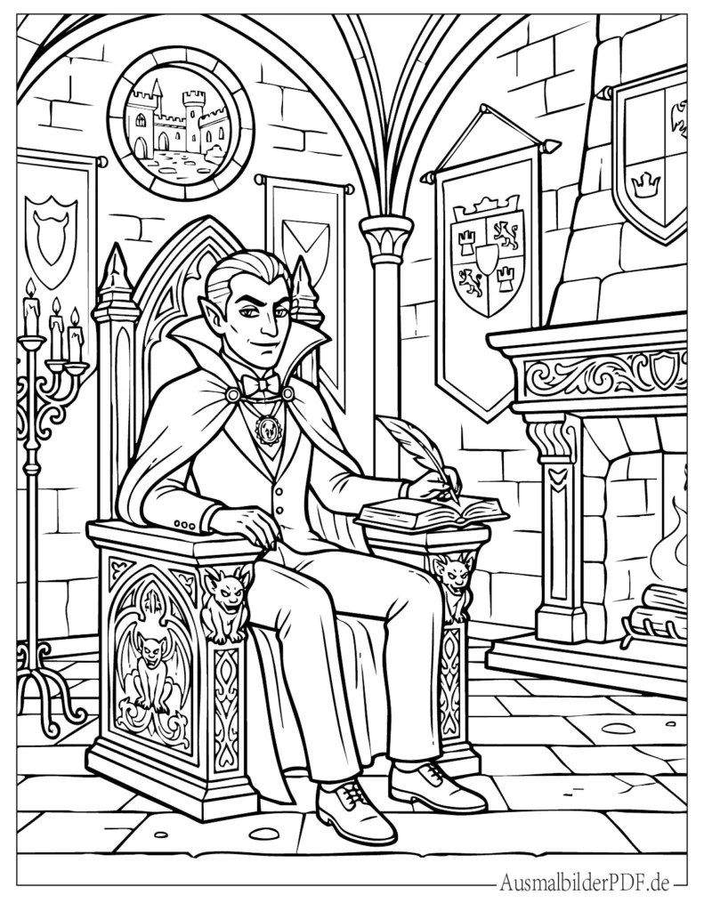 Gruselige Malvorlage mit Vampir in einem Spukschloss für Kinder, Halloween Motiv zum Ausdrucken und kreativen Ausmalen