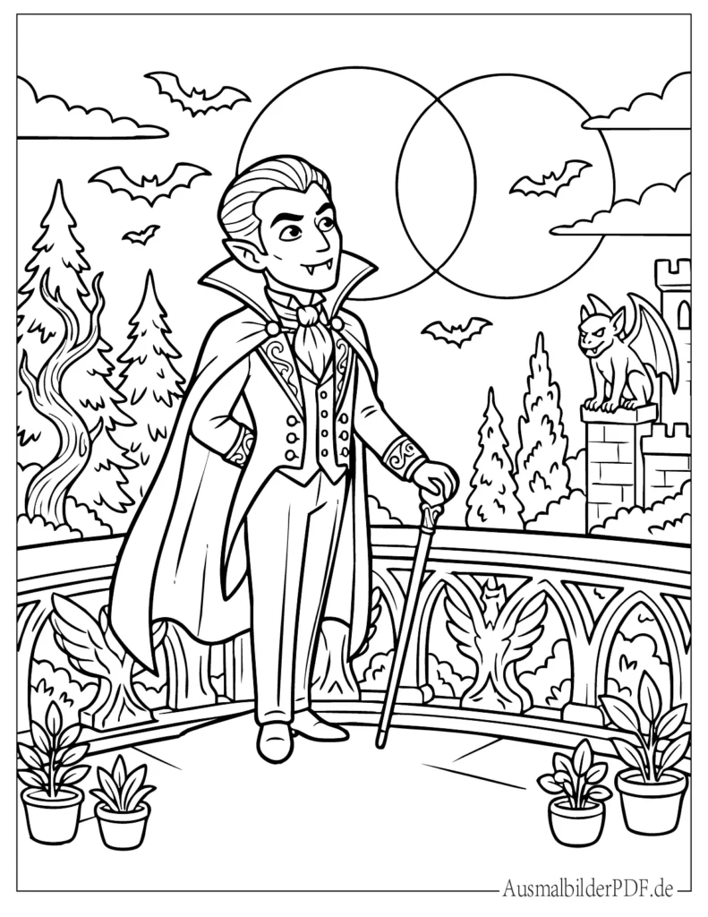 Malvorlage eines Vampirs, der unter dem Vollmond steht, Halloween Motiv für Kinder zum Ausdrucken und Ausmalen
