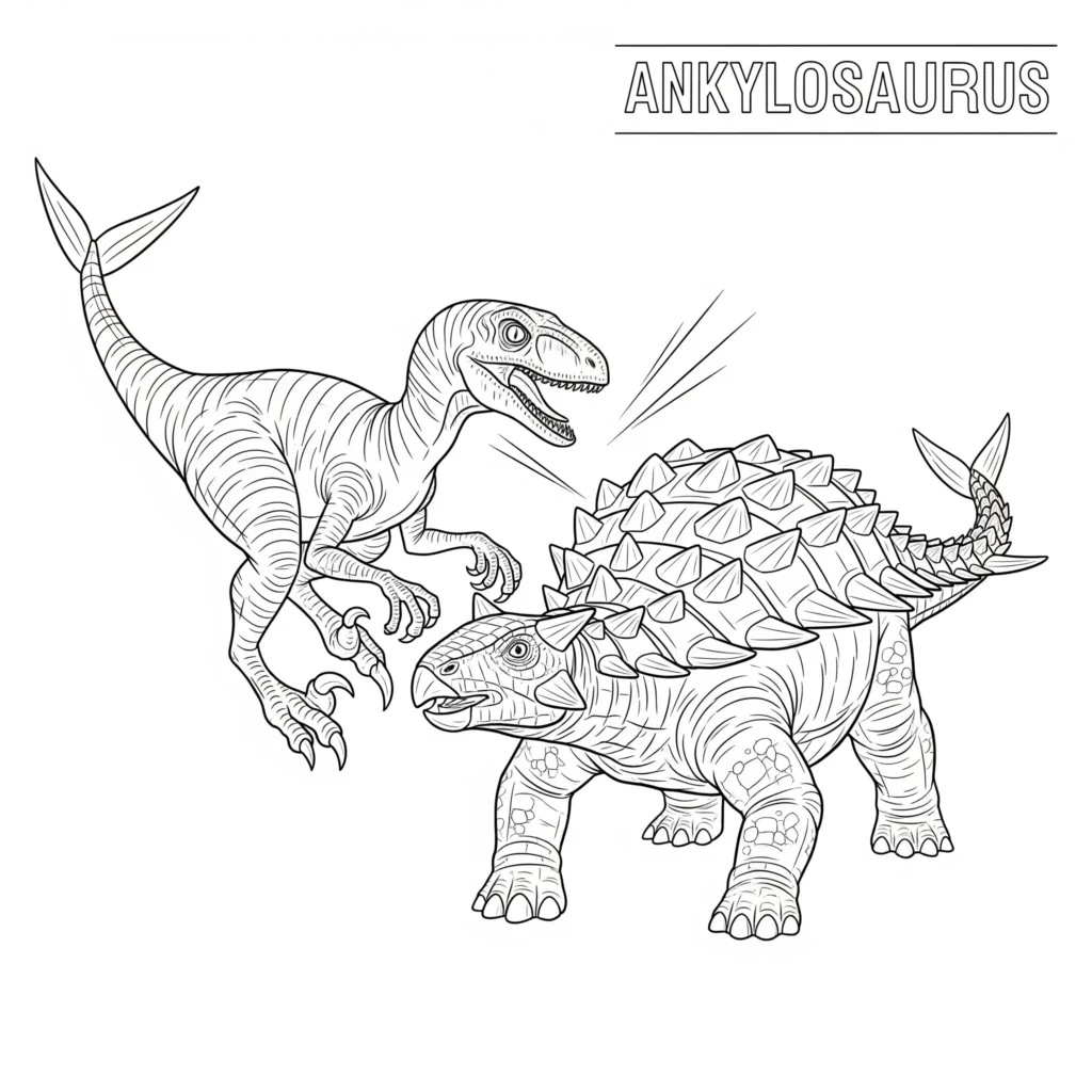 velociraptor ausmalbild pdf zeigt einen dinosaurier kampf zwischen einem schnellen velociraptor und einem gepanzerten ankylosaurus ideal zum ausmalen