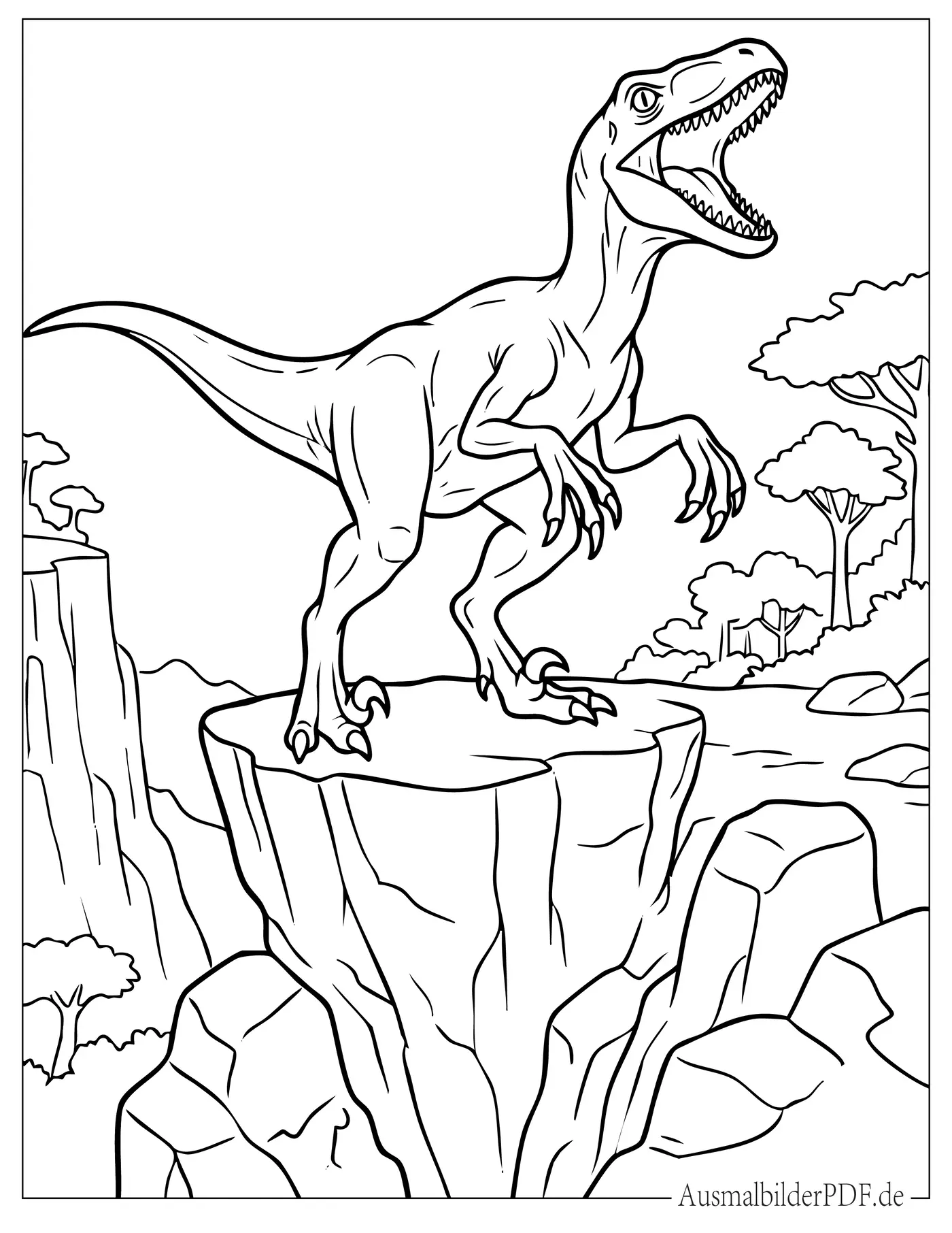 18 Velociraptor Ausmalbilder (Gratis Malvorlage zum Drucken) Brüllender Velociraptor auf einer felsigen Klippe Ausmalbild