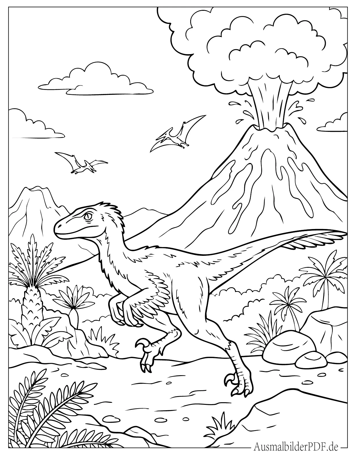 18 Velociraptor Ausmalbilder (Gratis Malvorlage zum Drucken) Rennender Velociraptor in der Nähe eines ausbrechenden Vulkans Malvorlage