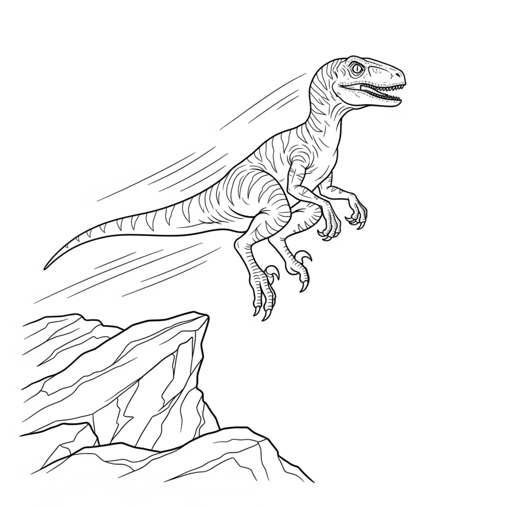 velociraptor malvorlage kinder mit einem sprungbereiten dinosaurier der von einem hohen felsen in wilder bewegung abspringt perfekt zum ausmalen