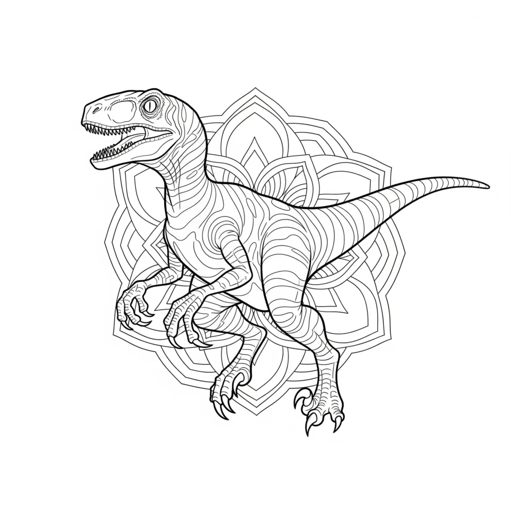 velociraptor malvorlage für erwachsene im mandala stil mit komplexen mustern rund um einen dinosaurier als entspannende ausmalidee
