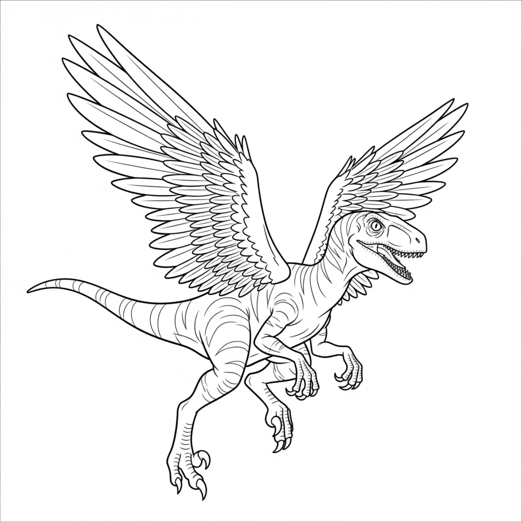 velociraptor ausmalbild zeigt einen dinosaurier mit großen flügeln in einer fantasievollen pose ideal zum ausdrucken für kreative kinder