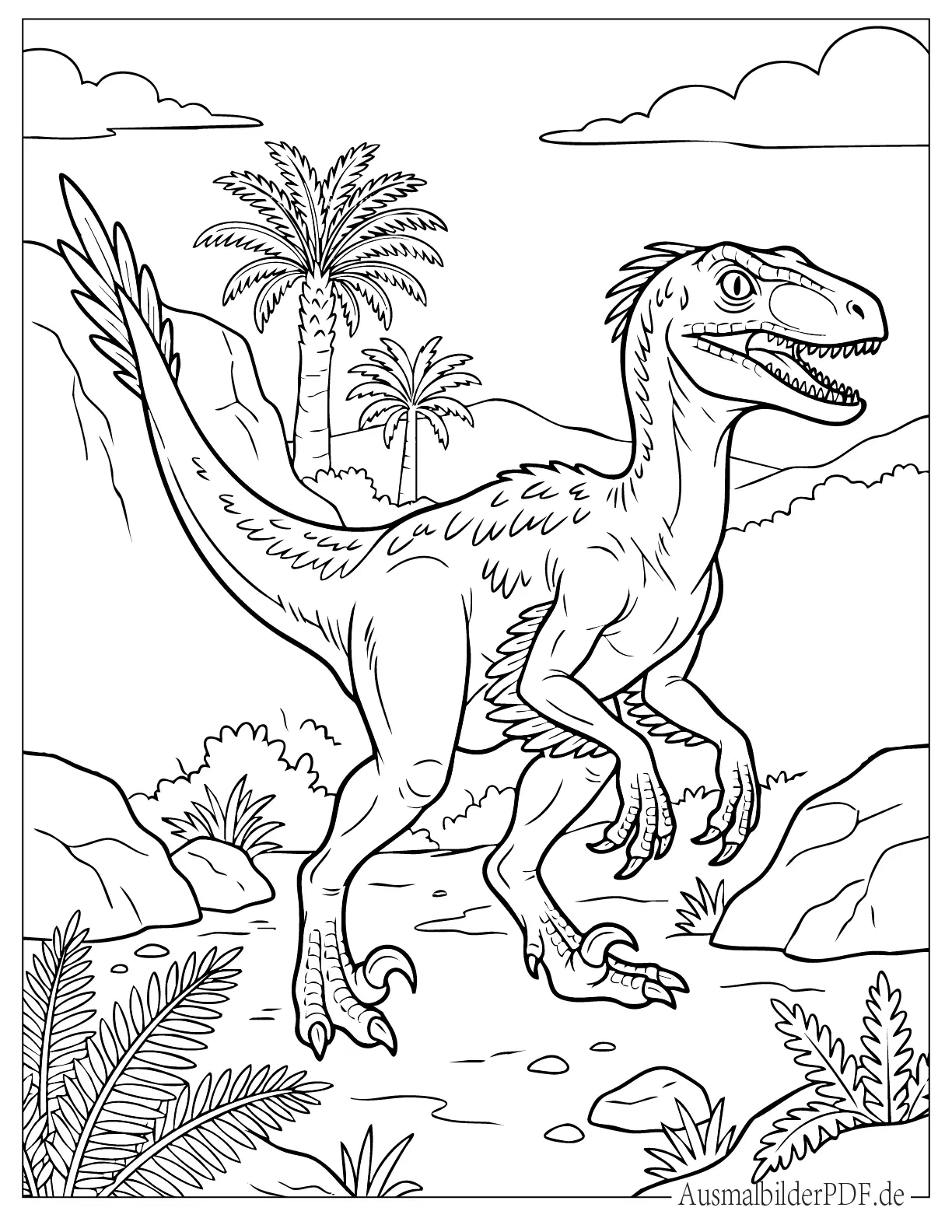 18 Velociraptor Ausmalbilder (Gratis Malvorlage zum Drucken) Detaillierter Velociraptor steht in der Wildnis Ausmalbild