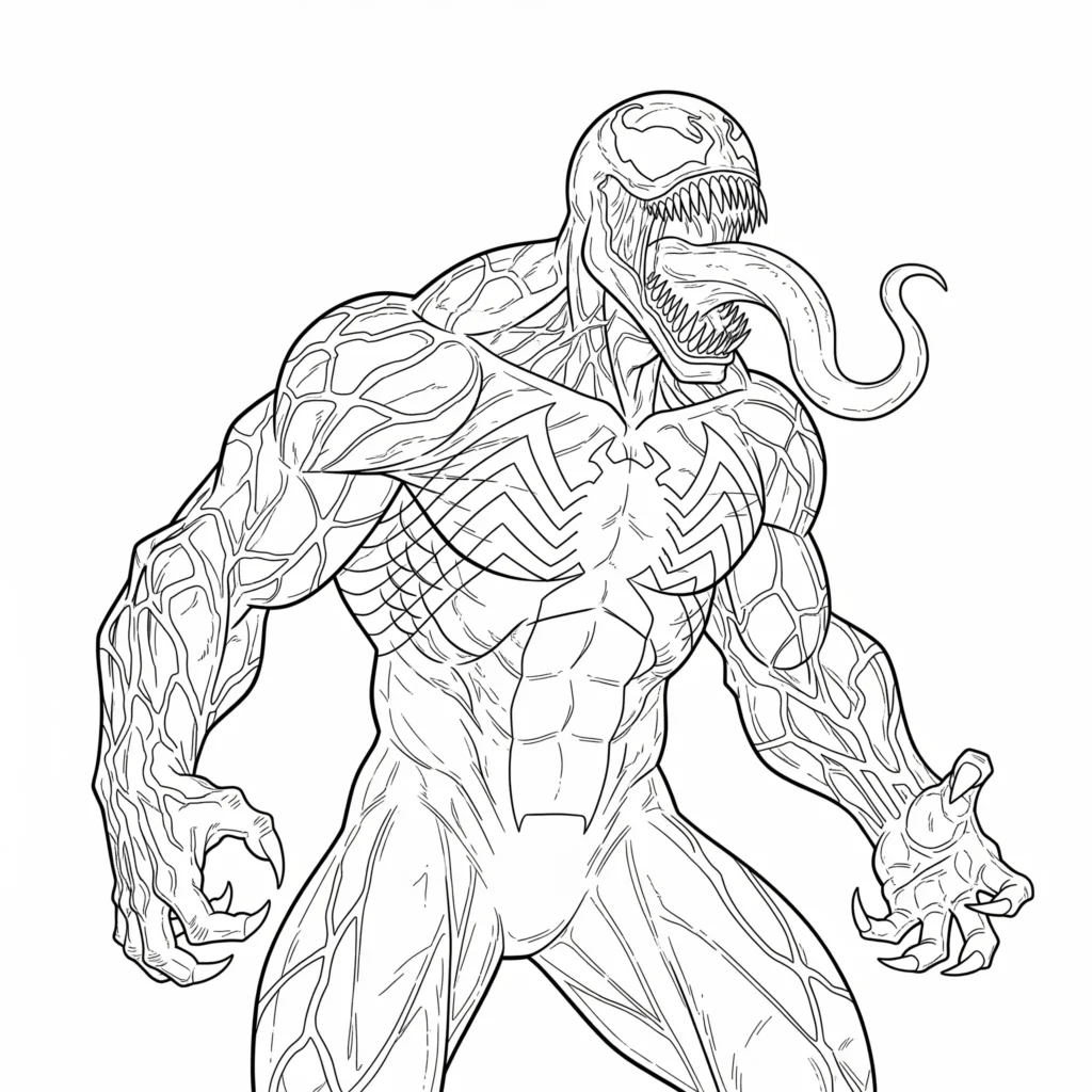 Venom Ausmalbild zum Ausdrucken kostenlos zeigt klassischen Marvel-Charakter brüllend als PDF für Kinder