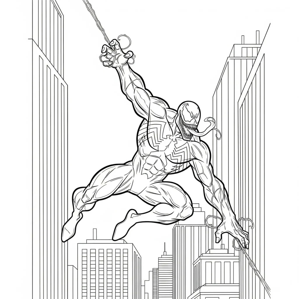 Venom Ausmalbild kostenlos zum Ausdrucken zeigt Venom schwingend wie Spider-Man als PDF Malvorlage für Kinder