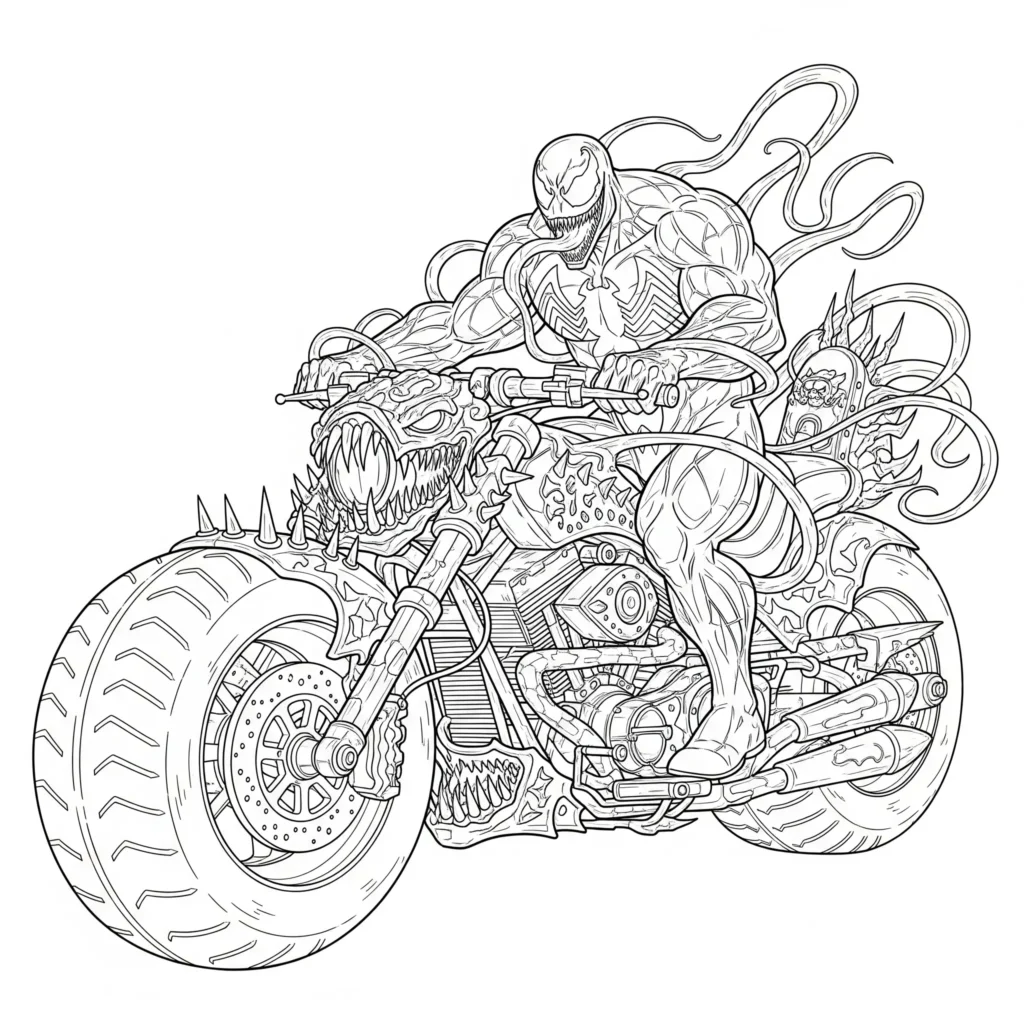Venom Comic Ausmalbild zum Ausdrucken kostenlos zeigt den Marvel Charakter auf einem Motorrad als PDF Malvorlage für Kinder