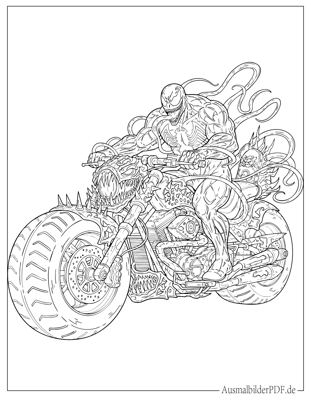 10+ Venom Ausmalbilder (Gratis Malvorlagen zum Ausdrucken) Detaillierter Venom Comic auf Motorrad Ausmalbild