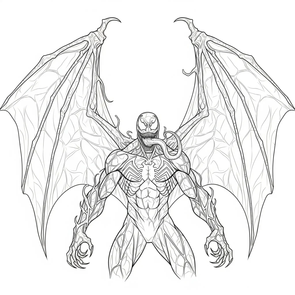 Venom Ausmalbilder zum Ausdrucken kostenlos mit Flügeln in Monsterform als PDF Malvorlage für Kinder und Marvel-Fans