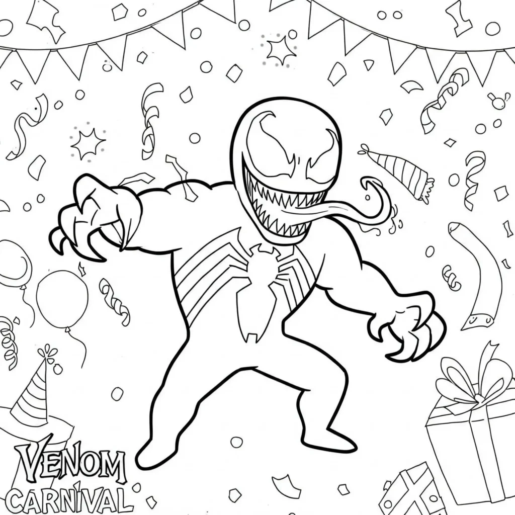 Venom Ausmalbild im Karneval – bedrohliche Pose zwischen bunten Festwagen und Luftballons
