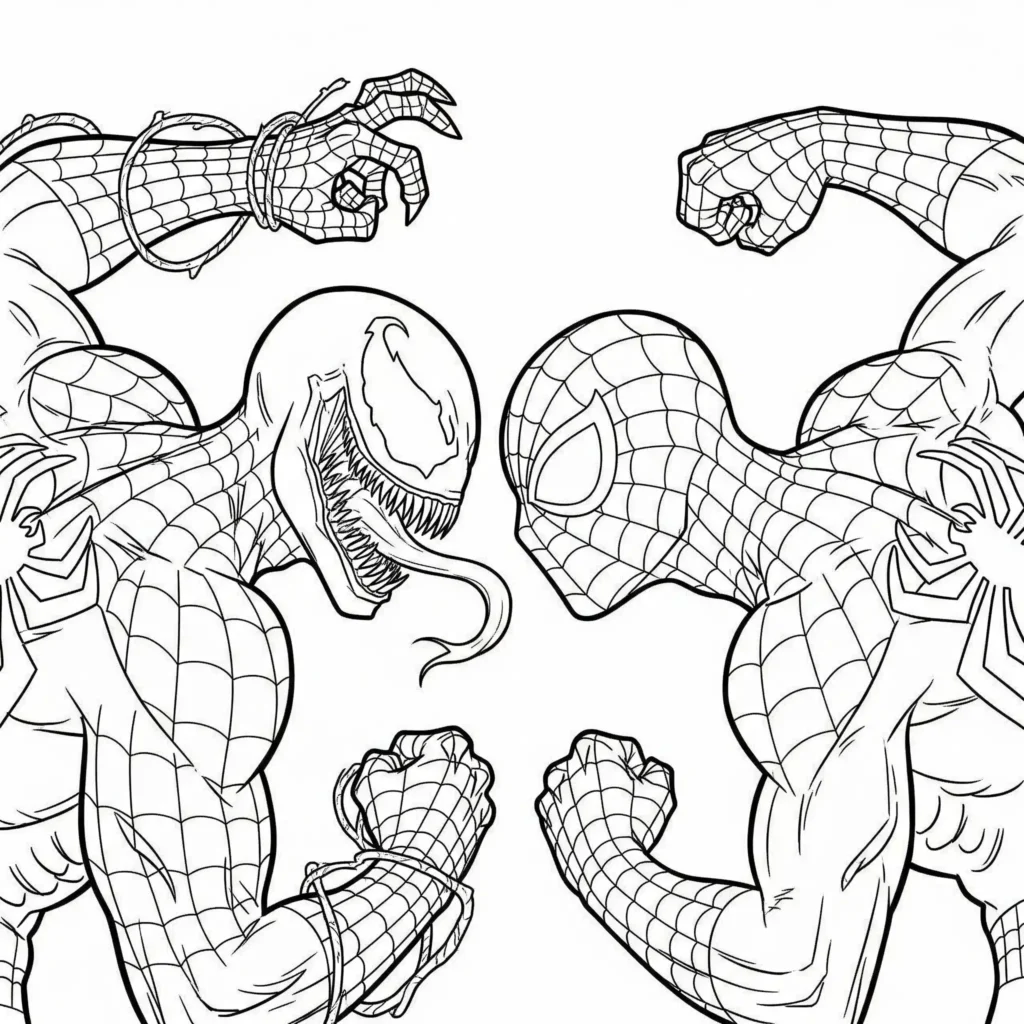 Venom vs Spiderman Ausmalbilder kostenlos zum Ausdrucken als PDF Malvorlage für Kinder und Marvel-Fans