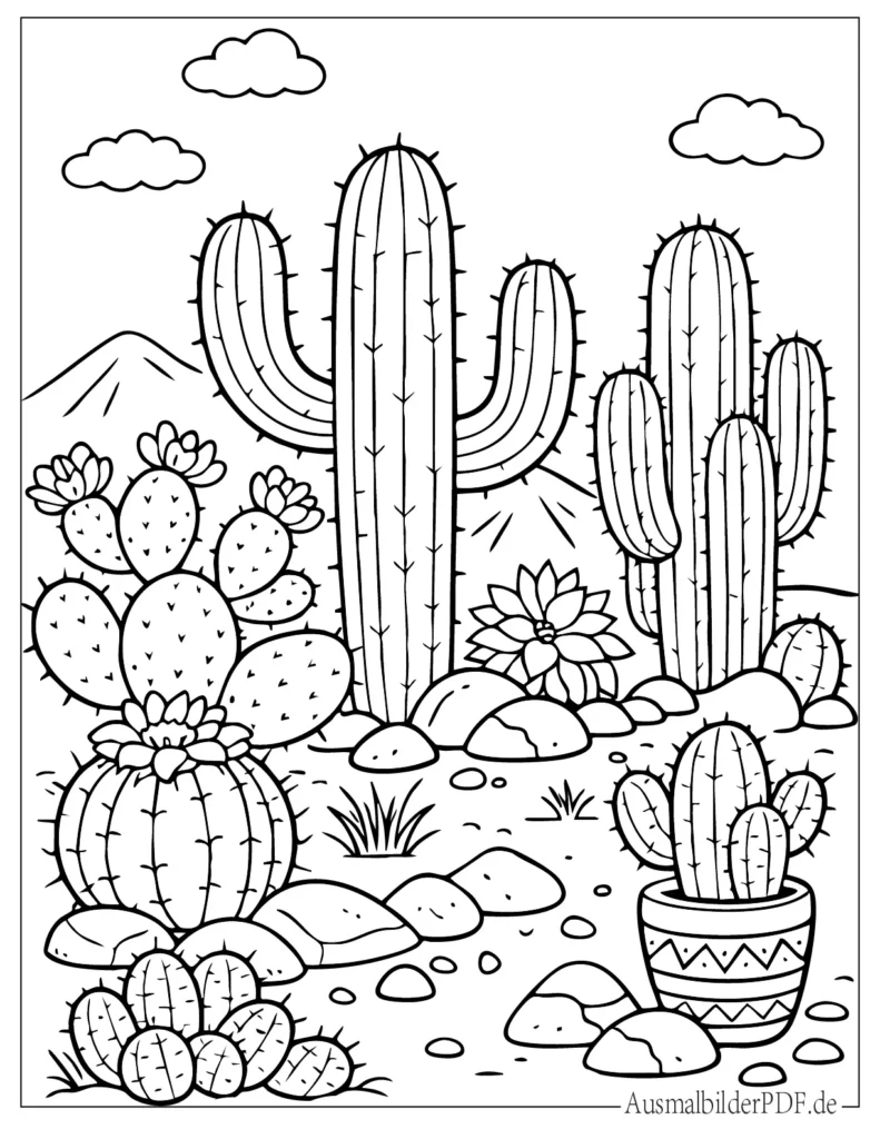 Kaktus Ausmalbilder (Gratis zum Ausdrucken und Ausmalen) Ausmalbild mit verschiedenen Kakteensorten in der Wüste, kindgerecht gestaltet und zum Ausdrucken geeignet