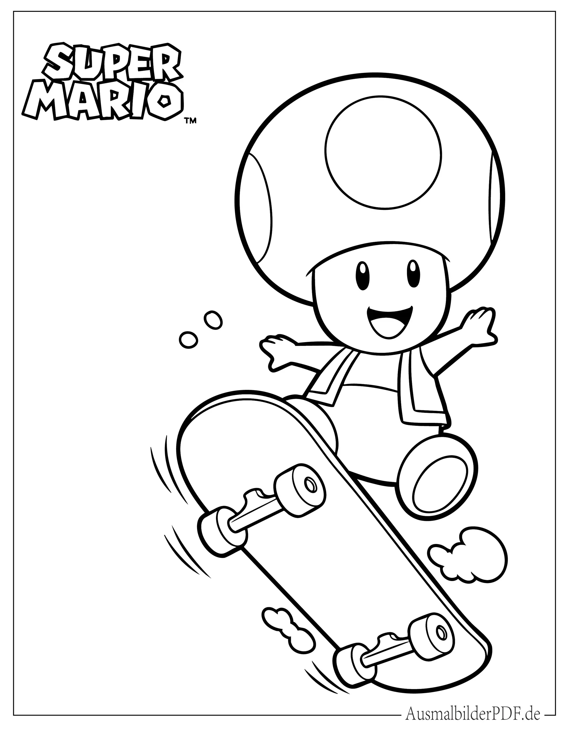 Verspielter Toad fährt Skateboard Ausmalvorlage