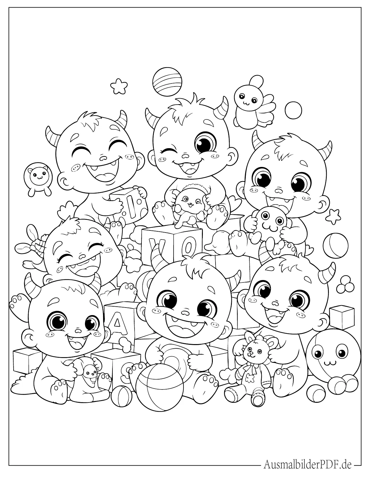 Viele Baby Monster spielen mit Spielzeug zum Ausmalen