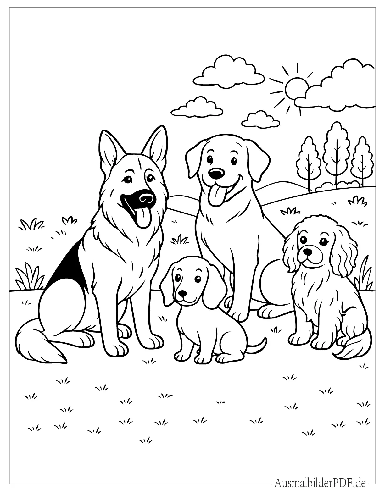 Gruppe von Hunden sitzt in der Wildnis Ausmalvorlage