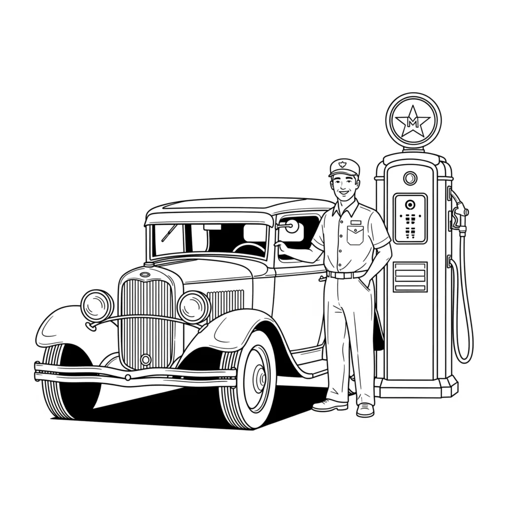 Oldtimer Ausmalbilder (Kostenlos Malvorlage zum Ausdrucken) Vintage Auto an einer Tankstelle zeigt ein klassisches Fahrzeug beim Tanken als ruhige Ausmalszene für Kinder und Auto Fans