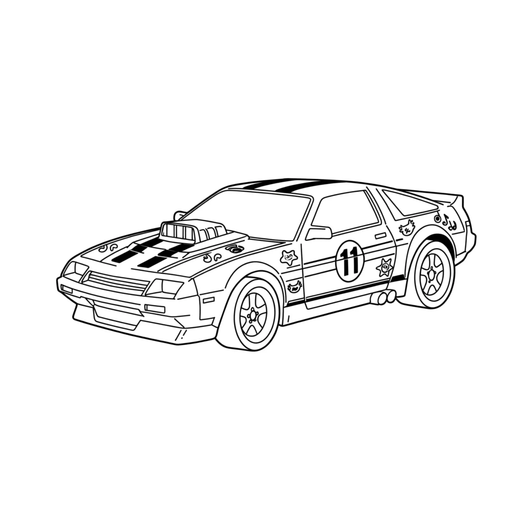 oldtimer Hot Wheels Auto Ausmalbild mit auffälligen Rennstreifen zum Ausmalen