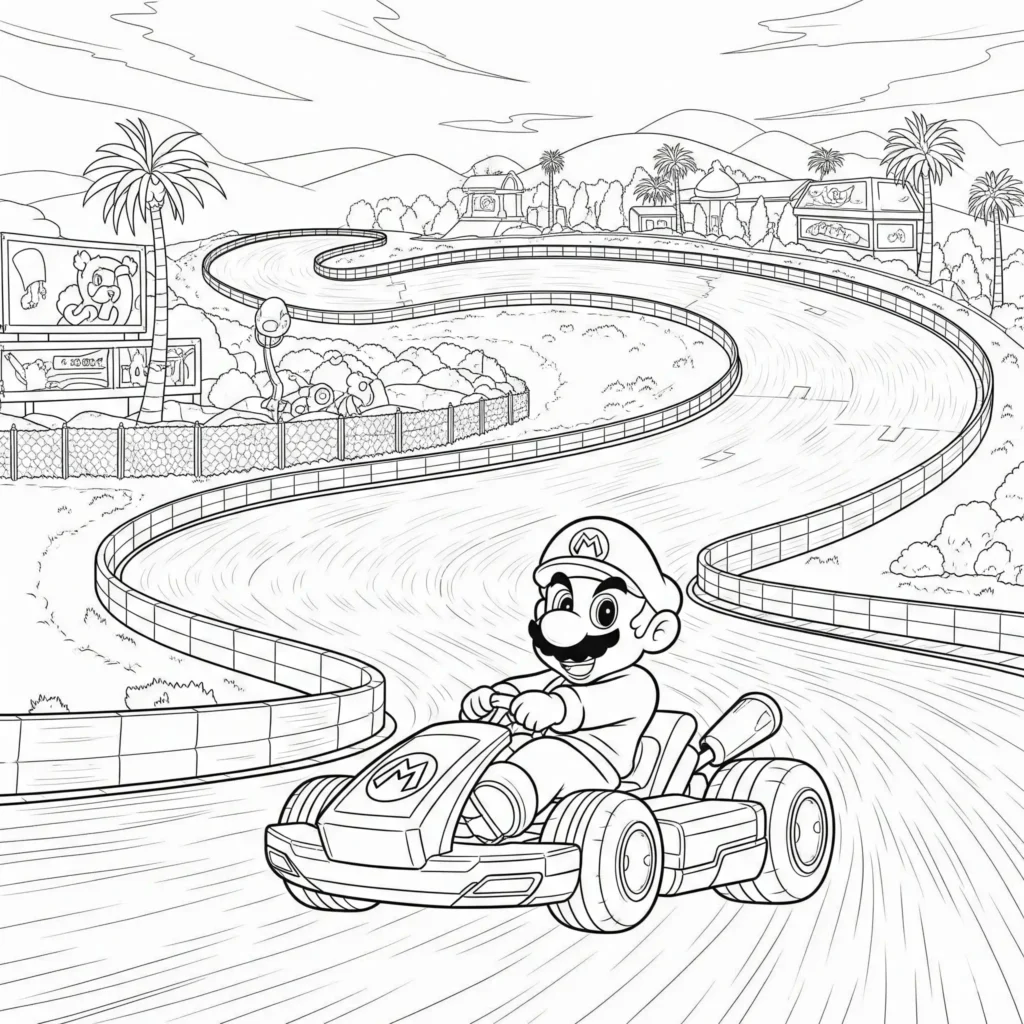 Kostenloses Ausmalbild mit einer Oldtimer Mario Kart Rennstrecke. Als PDF zum Ausdrucken perfekt für Kinder, Erwachsene und Fans geeignet.