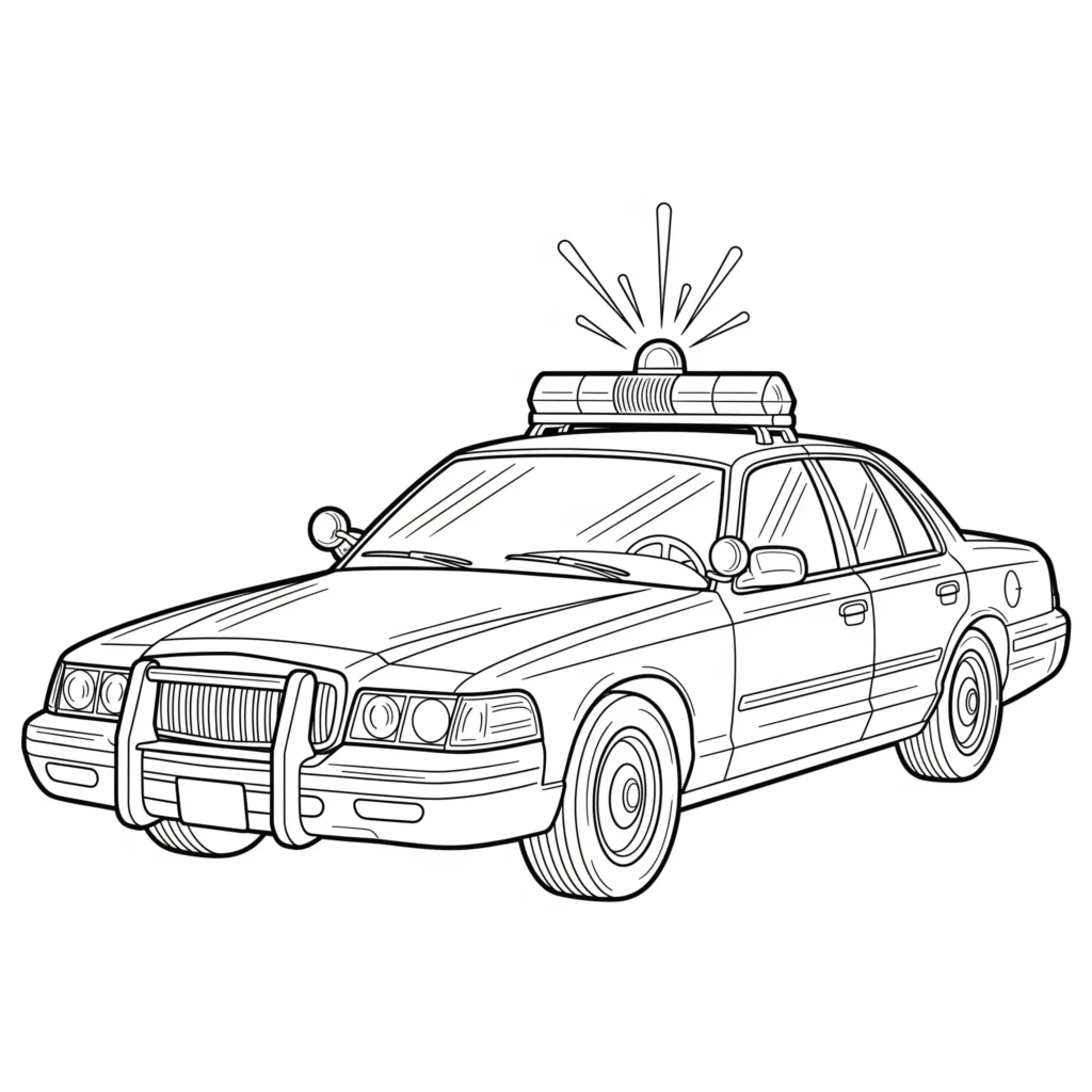 Ein klassisches Polizeiauto im Retro-Stil als Oldtimer-Malvorlage für Kinder – ideal zum Ausdrucken und Ausmalen zu Hause