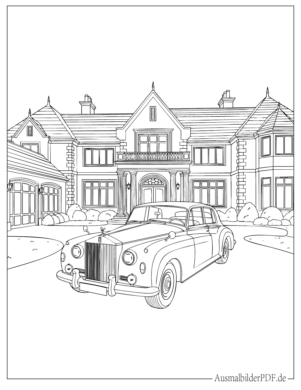 Vintage Rolls Royce mit Luxushaus Ausmalvorlage