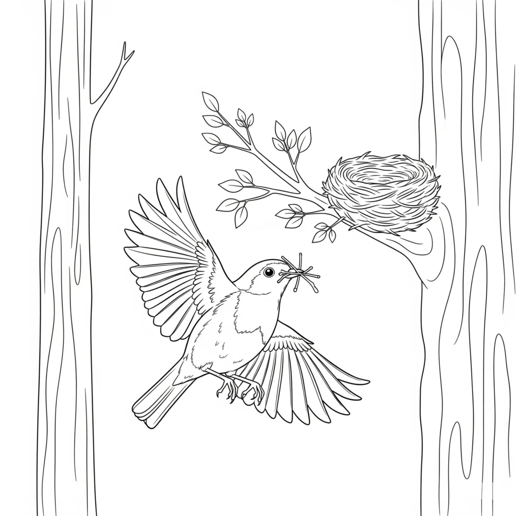 Ausmalbild zeigt einen Vogel, der im Frühling ein Nest in einem Baum baut, ideal zum kostenlosen Ausdrucken und Ausmalen für Kinder