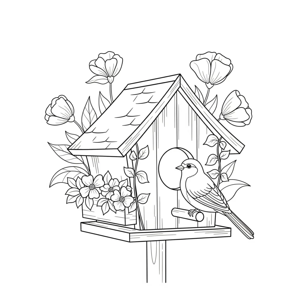 Ausmalbild zeigt ein Vogelhaus umgeben von Blumen, ideal zum Ausdrucken und Ausmalen für Kinder und Erwachsene