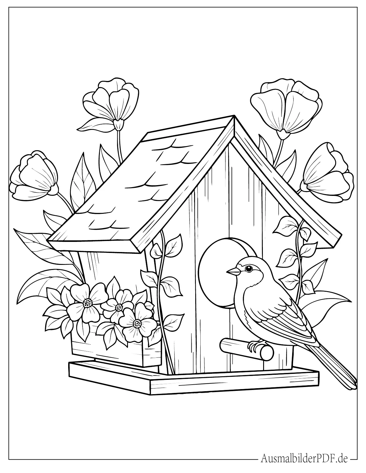 Vogelhaus mit Blumen im Frühling Ausmalbild