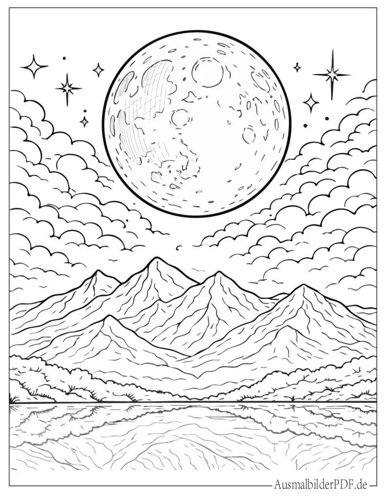 Vollmond Ausmalblatt mit Bergen und Nachtlandschaft, ruhige Malvorlage für Kinder und Erwachsene zum Ausdrucken