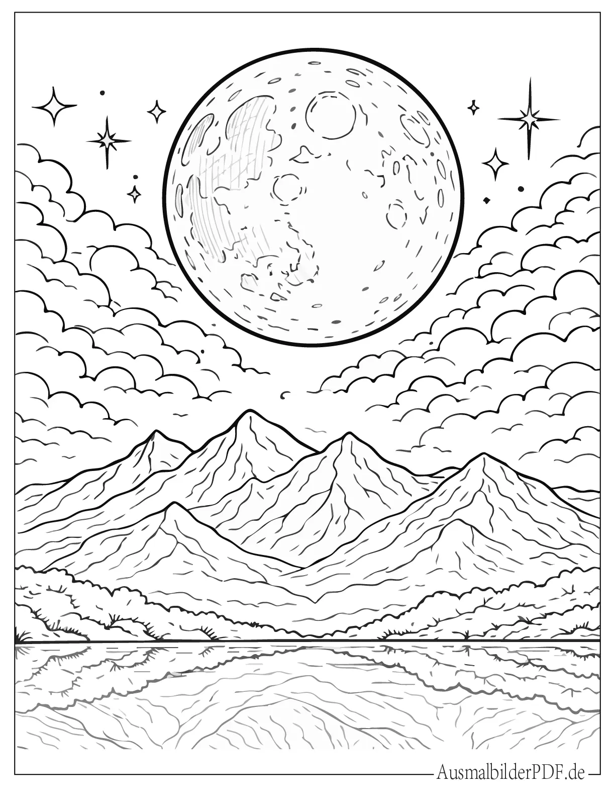 Vollmond über Bergen Ausmalbild