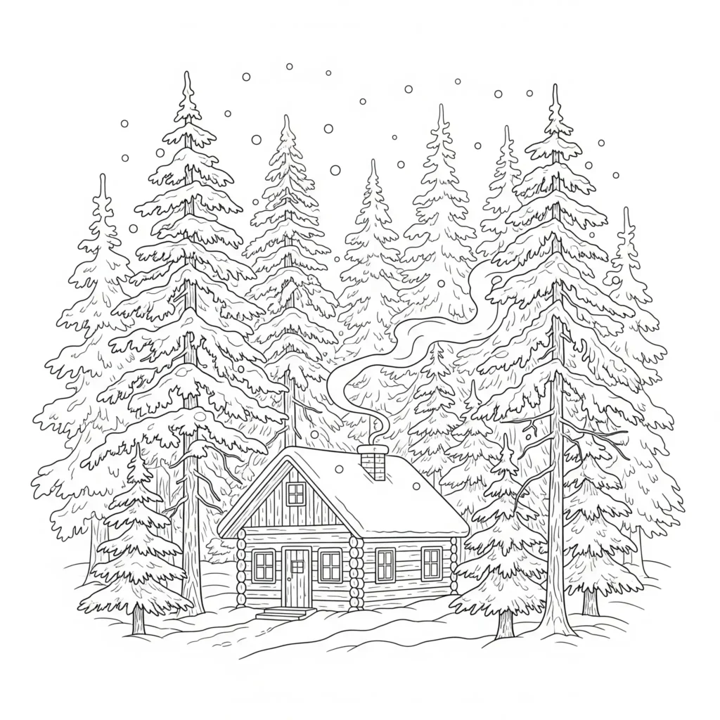 20+ Ausmalbilder Winter (Kostenlos Malvorlage zum Ausdrucken) Ausmalbild mit einer kleinen Holzhütte im verschneiten Wald, umgeben von Tannen und winterlicher Stille. Ideal zum Ausdrucken
