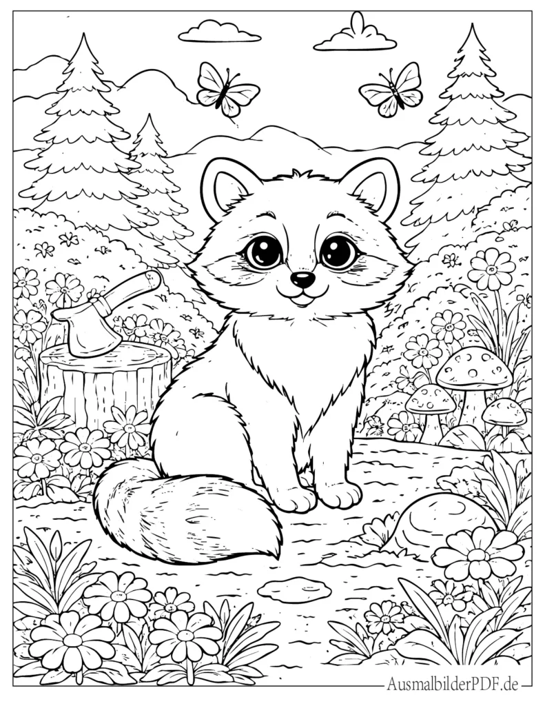 Waschbär Ausmalbilder (Gratis zum Ausdrucken und Ausmalen) Ausmalbild eines niedlichen Waschbären im Wald, perfekt für Kinder zum Ausdrucken und Ausmalen