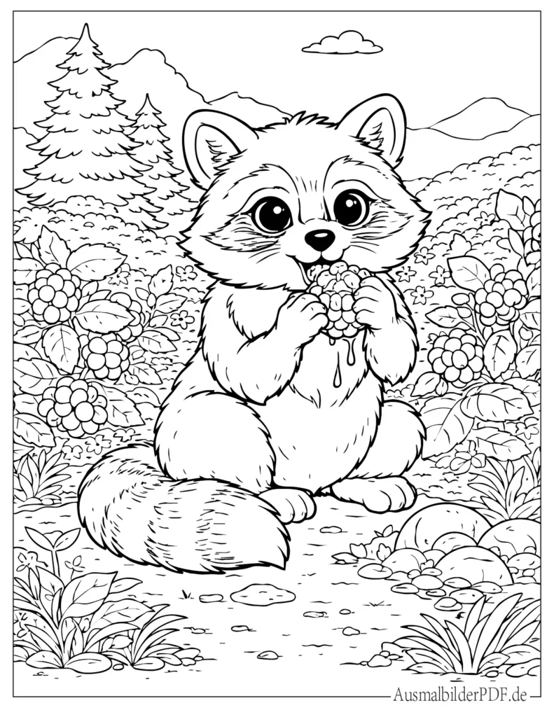 Waschbär Ausmalbilder (Gratis zum Ausdrucken und Ausmalen) Ausmalbild eines Waschbären, der eine saftige Beere isst, ideal für Kinder zum Ausdrucken