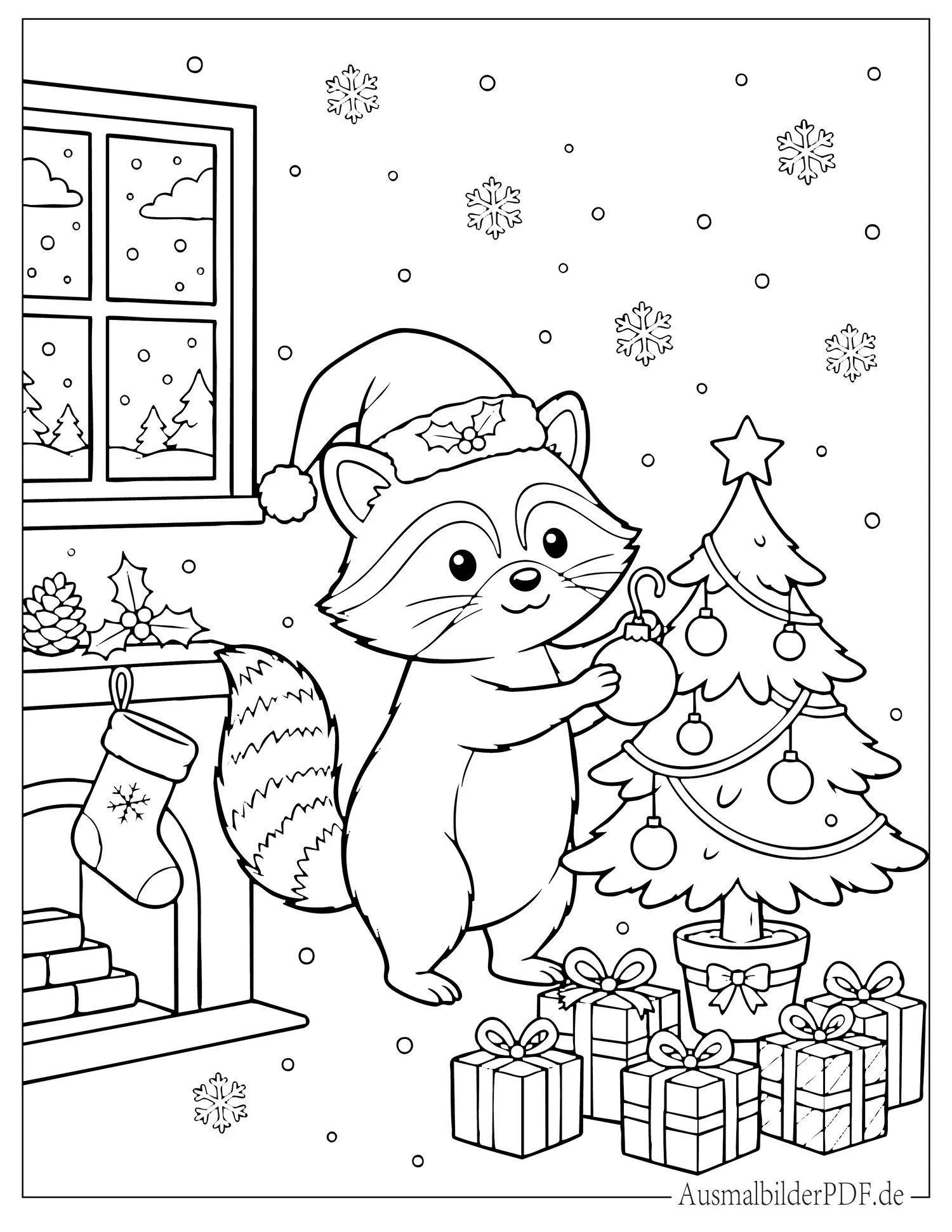 Festlicher Waschbär mit Weihnachtsmütze schmückt einen winzigen Weihnachtsbaum Ausmalbild