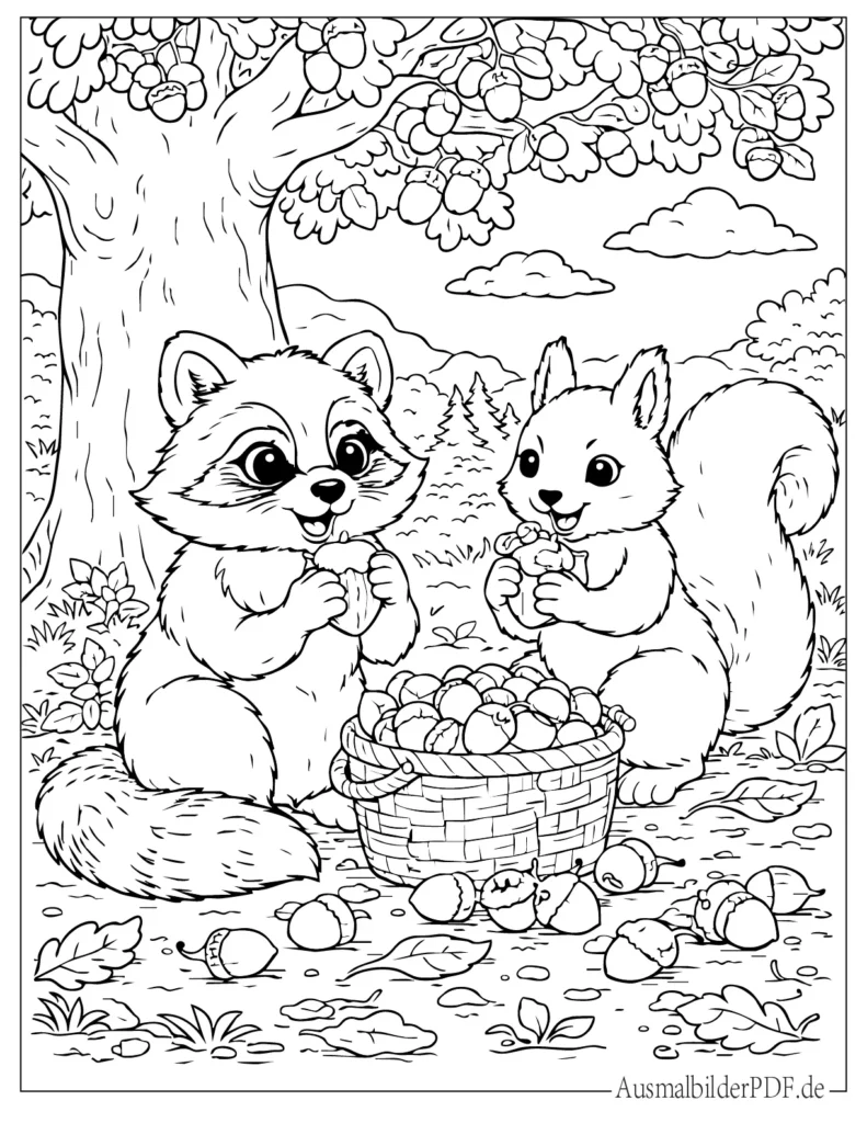 Waschbär Ausmalbilder (Gratis zum Ausdrucken und Ausmalen) Ausmalbild von einem Waschbären und Eichhörnchen, die unter einem Baum Nüsse sammeln, für Kinder