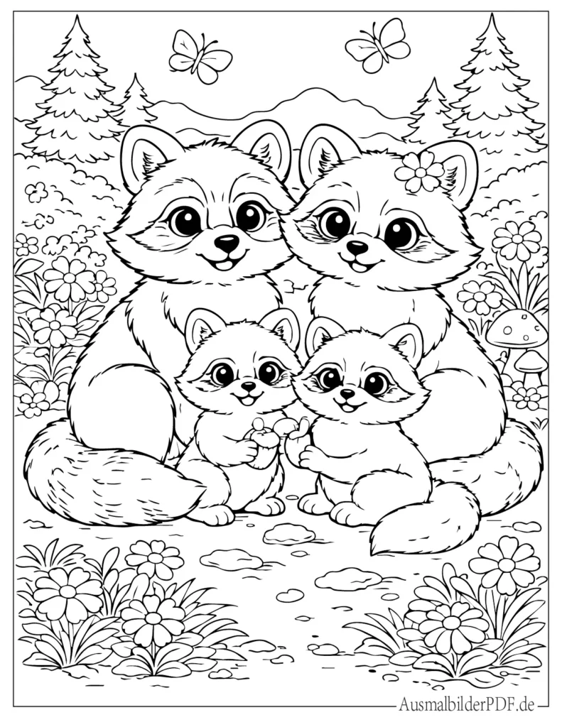 Waschbär Ausmalbilder (Gratis zum Ausdrucken und Ausmalen) Ausmalbild einer Waschbär-Familie mit Eltern und Babys, ideal für Kinder zum Ausdrucken und Ausmalen