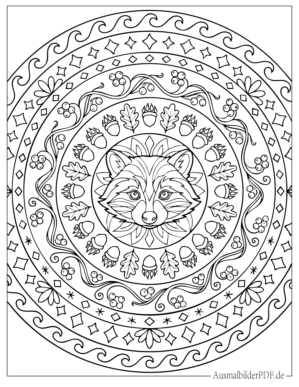Waschbär Kopf Mandala mit Eicheln, Blättern und Kirschen Ausmalbild