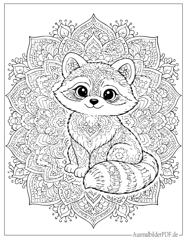 Waschbär Ausmalbilder (Gratis zum Ausdrucken und Ausmalen) Detailliertes Waschbär-Mandala als Ausmalvorlage, perfekt für Erwachsene zum Entspannen und Ausmalen