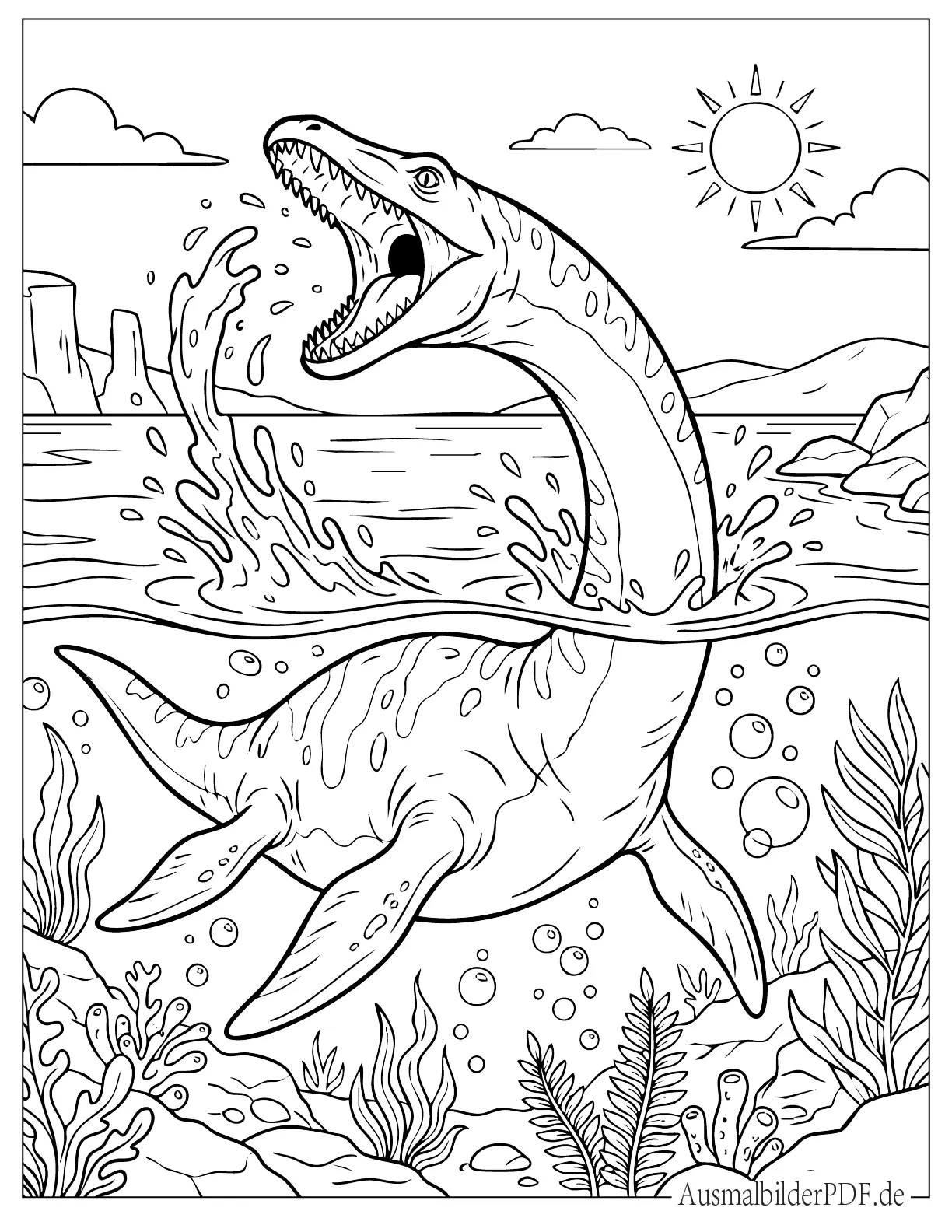 Gruseliger Wasserdinosaurier Plesiosaurus brüllt Ausmalbild