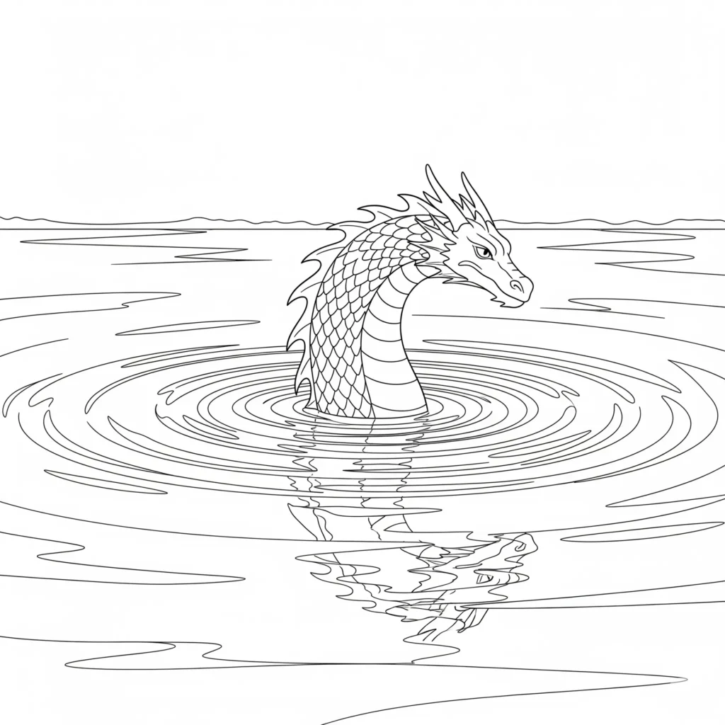 30 Drachen Ausmalbilder (Kostenlos Malvorlage zum Ausdrucken) Majestätischer Wasserdrache steigt aus einem See zum Ausmalen und Ausdrucken