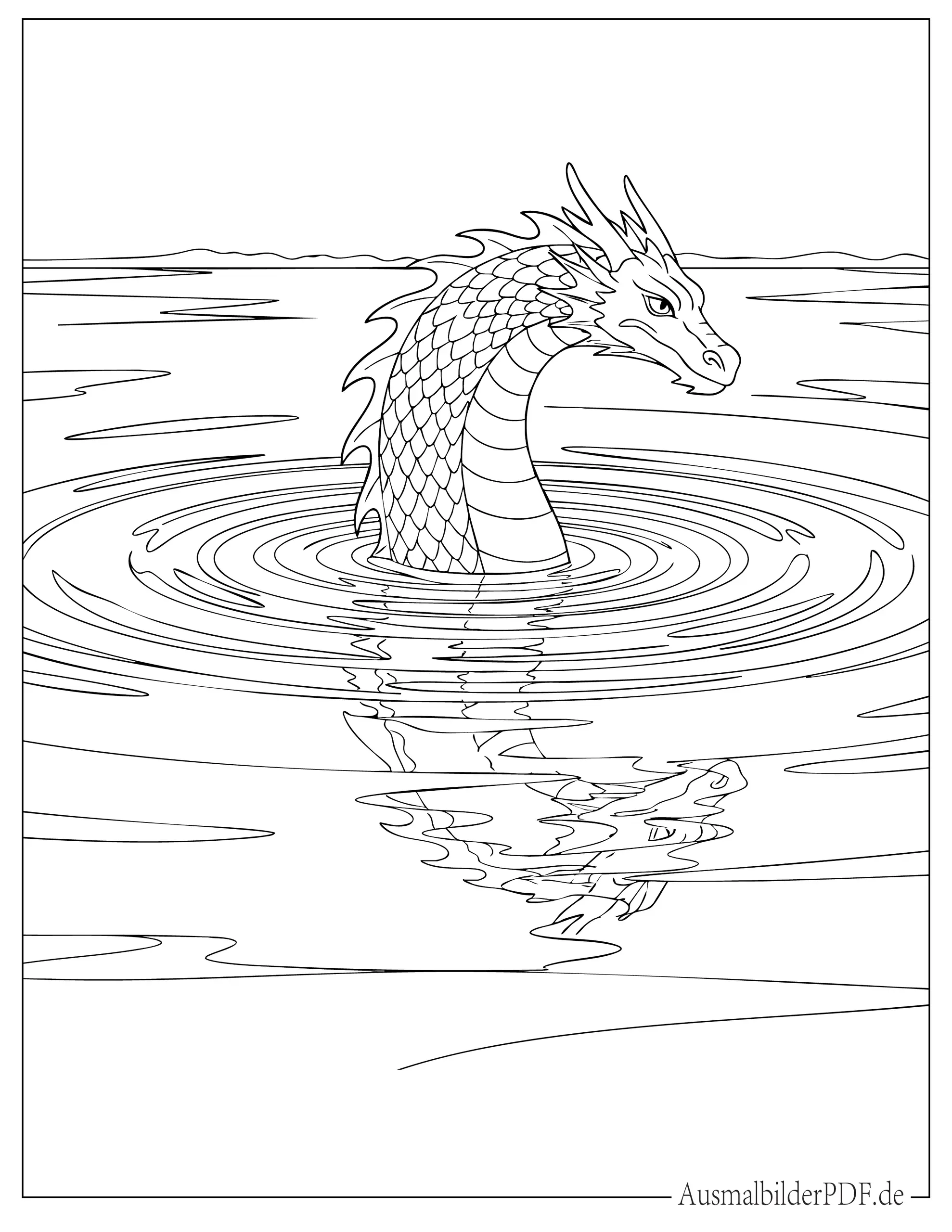 Wasserdrache steigt aus See empor Malvorlage