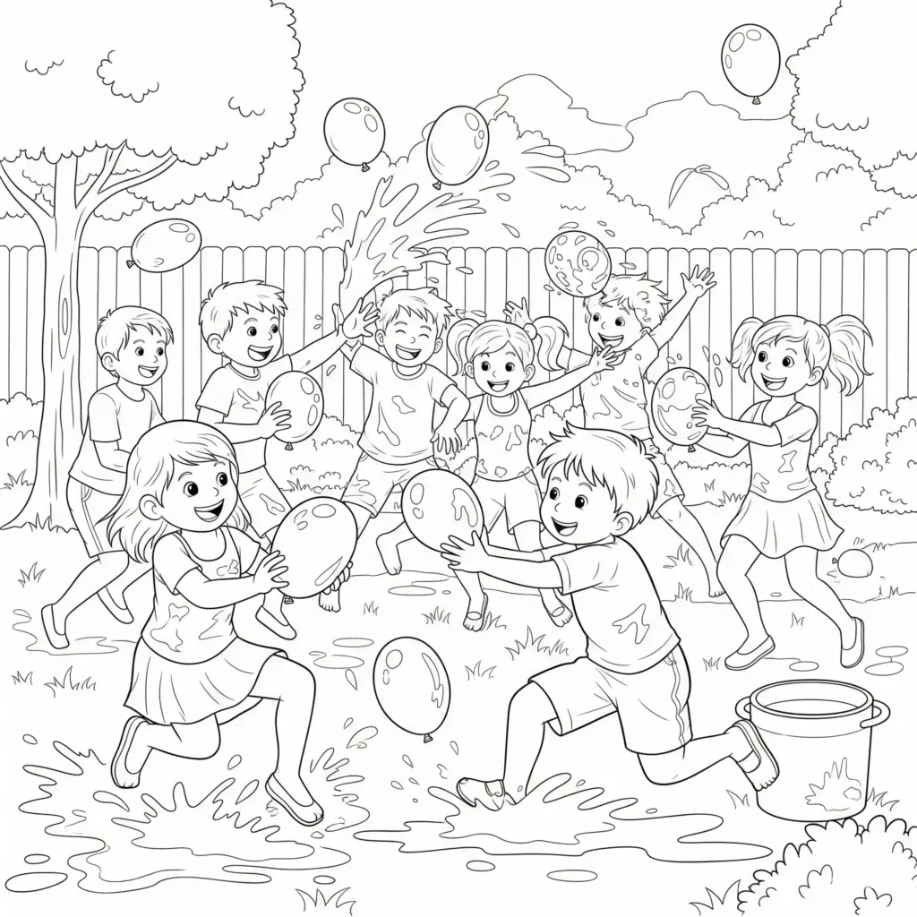 Kinder bewerfen sich im Garten mit Wasserbomben und lachen dabei im Sonnenschein ausmalbild sommer zum ausdrucken kostenlos für kinder