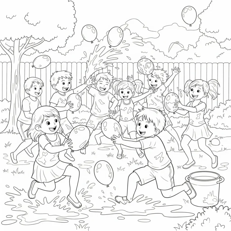 Kinder bewerfen sich im Garten mit Wasserbomben und lachen dabei im Sonnenschein ausmalbild sommer zum ausdrucken kostenlos für kinder